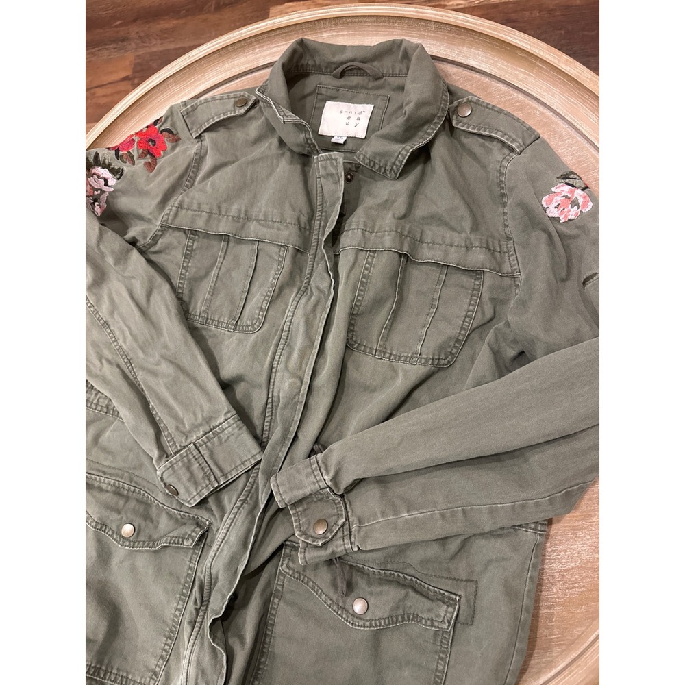 A New Day Womens XXL Olive Green Floral Embroidered Utility Jacket Cotton Cargo